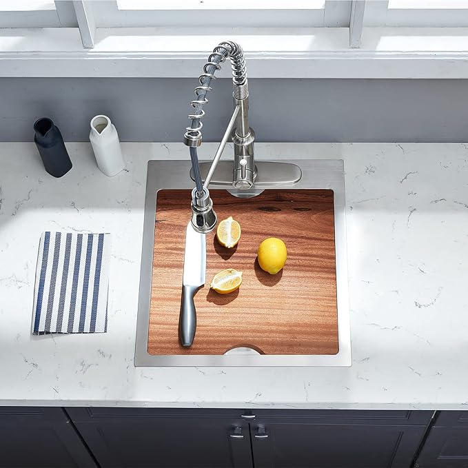 Kitchen Sink, 17 x 19 Inch Drop-in Bar Sink Stainless Steel Topmount Kitchen Sink Single Bowl Workstation Sink with Cutting Board