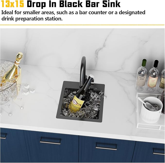 Small Black Kitchen Sink,13x15 Inch Stainless Steel Drop In Topmount Kitchen And Bar Sink Ideal Choice For Small Space, Prep Area, RV With Bottom Grid,Soap Mat And Drain Assembly