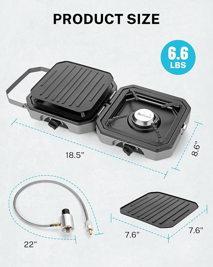 Gonex 2 Burner Propane Camping Stove with Griddle & Grates, Portable Foldable Cooking Stove with Total 16,000 BTU, Two Piezo Ignition Adjustable Burners for Camping, Patio, Emergency, Hiking (Grey)