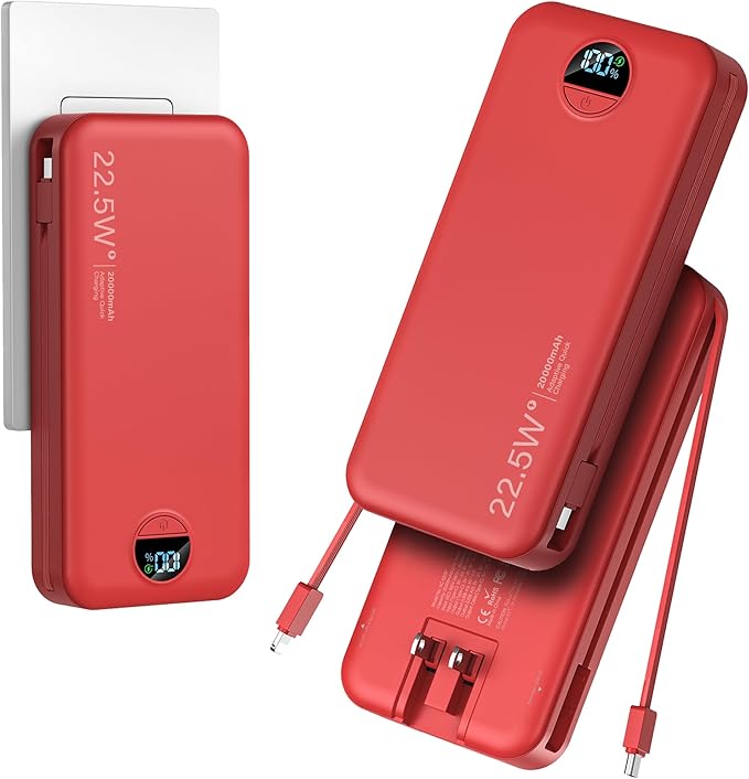 20000mAh Ultra-Portable-Charger-Power-Bank with Built in Cables&AC Wall Plug,PD20W USB-C Fast Charging Cell Phone Charger Battery Pack,LED Display Travel Battery Bank for All iPhone,Samsung,Android