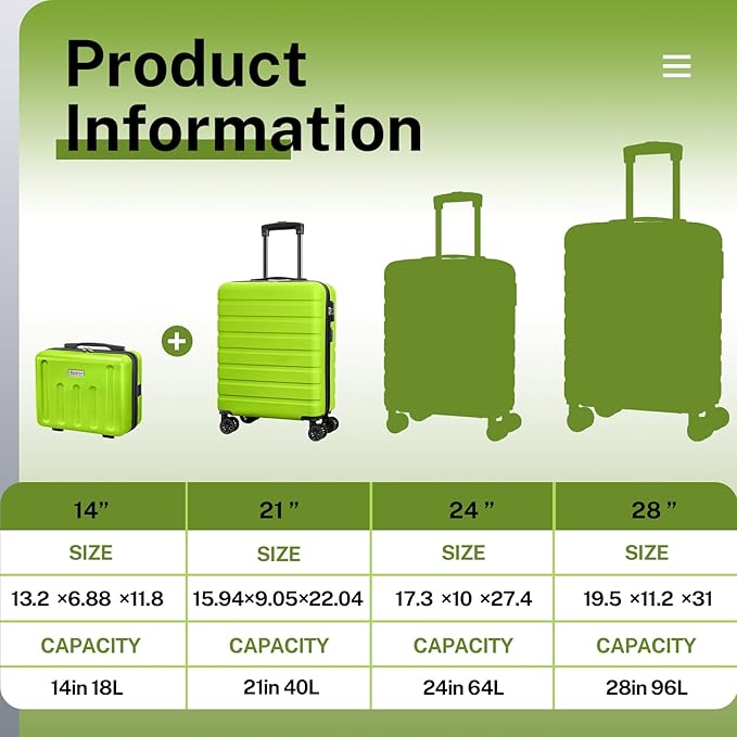 AnyZip 21" Carry On Luggage and 14" Mini Cosmetic Cases Luggage Set Hardside PC ABS Lightweight USB Suitcase with Wheels TSA (2-Piece Set (14/21),AppleGreen)