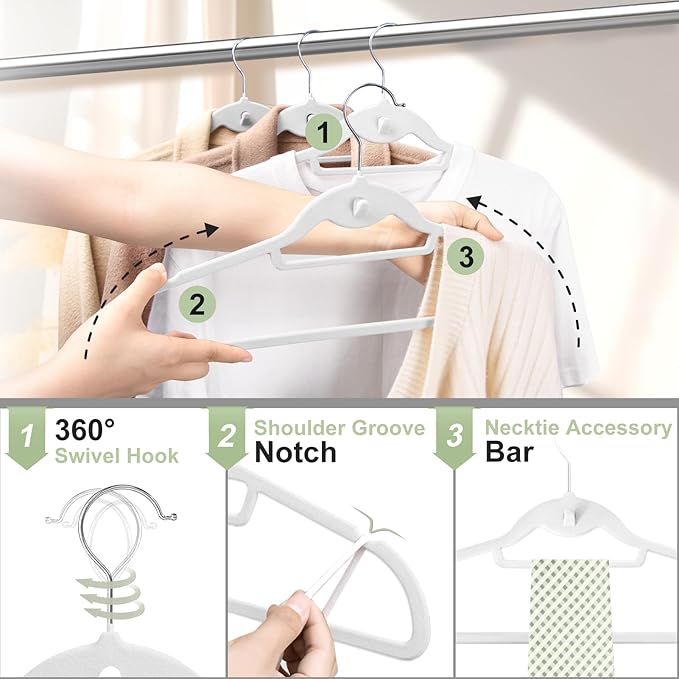 Velvet Felt Stackable Hangers 50 Pack, Non Slip, with 360°Swivel Hook, Ultra Thin and Space Saving for Suits, Shirts, Coats, 15Lbs Capacity Heavy Duty, White