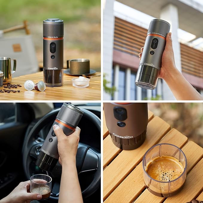 CONQUECO Portable Espresso Coffee Machine: 12V Electric Small Travel Expresso Maker - Self Heating 8 Cups Battery Powered Compatible for Nespresso Capsule - for Camping RV Hiking Office (Smoke Blue)