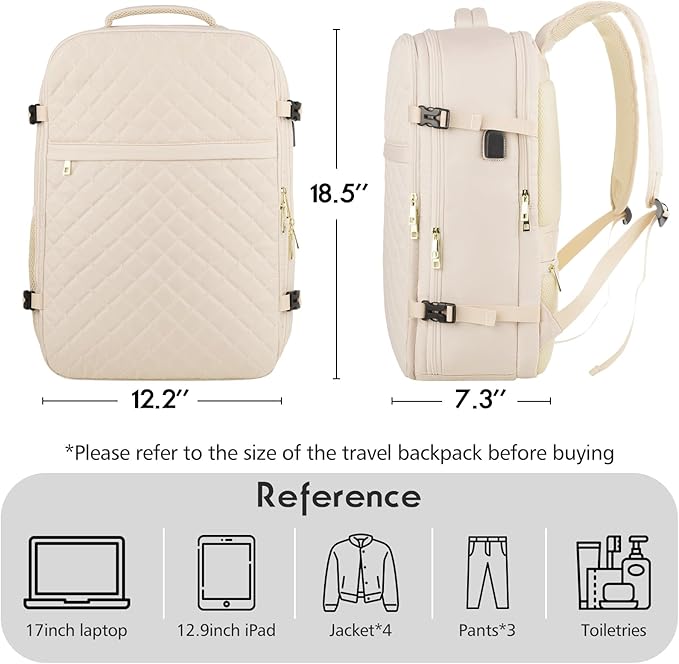 MOMUVO Large Travel Backpack Women, Flight Approved Carry On Backpack, Water Resistant Anti-Theft Large Casual Daypack Fit 17 Inch Laptop with USB Charging Port, Beige