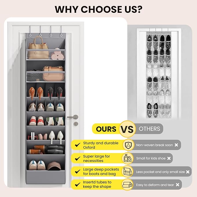 Over the Door Shoe Organizer for Closet, Shoes Rack with 8 Tier Large Deep Pockets, Hanging Shoe Organizers for Boot Storage, Behind the Door Narrow Shoe Holder for Small Shoes, Grey