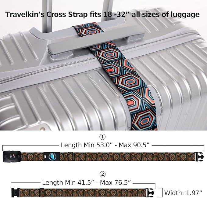 Travelkin Luggage Straps TSA Approved - Adjustable Cross Suitcase Straps with TSA Lock, Reinforced Buckle, Unique Pattern - Secure Heavy Duty Luggage Straps for Travel (Geometry)