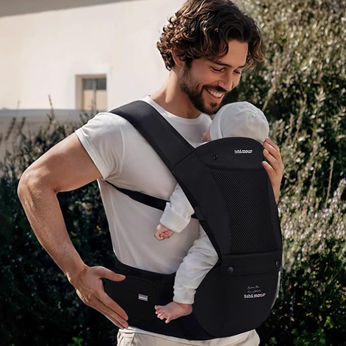 Bebamour Baby Carrier with Hip Seat,All-Position Breathable Mesh Hip Seat & Carrier 0-36Months with Head Hood, 3 PCS Teething Pads, Waist Extender,Storage Bag & Pacifier Case(Black)