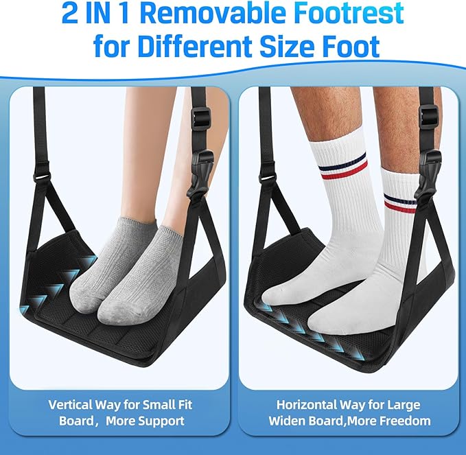Airplane Foot Hammock for Plane Travel Essentials, Airplane Foot Rest with 2 in 1 Removable Support Pad, Adjustable Foot Hammock with Thicken Memory Foam, Foot Rest for Plane Travel Foot Leg Rest