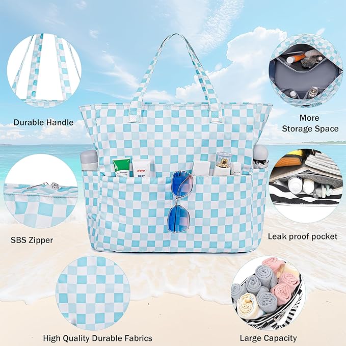 LEDAOU Large Beach Tote Bag Women Waterproof Sandproof Zipper Beach Tote Bag for Pool Gym Grocery Travel with Wet Pocket