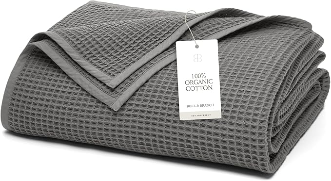 BOLL & BRANCH Waffle Bed Blanket - Twin, Stone - Luxury 100% Organic Cotton - Soft, Lightweight and Breathable - Textured Waffle Weave Design