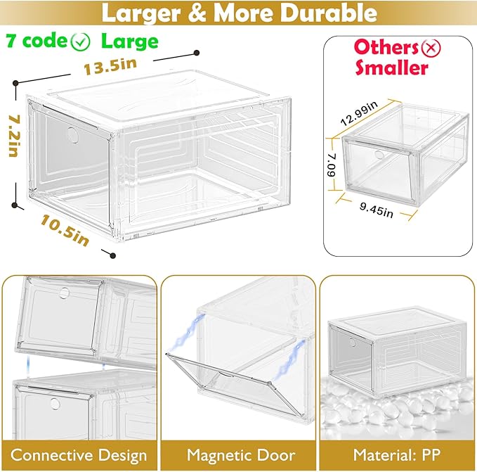 7 code Large Clear Shoe Boxes Organizer【Thicker Material】 Stronger Shoe Box with Magnetic Door, Stackable Shoe Storage Box for Closet, Foldable Space-Saving Storage Bins Shoe Cabinet, White 9 Pack