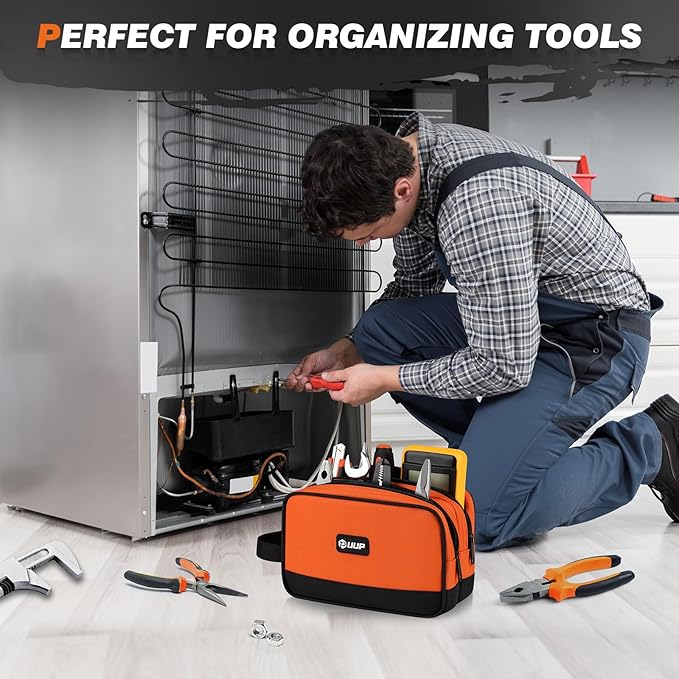 Small Tool Bag 2 Pack, Zipper Tool Pouch Two Compartments, 10 12 inch Utility ToolBag with Carrying Handle, Toolbox Storage Organizer for Electrician Mechanic, Gift for Men Dad, Orange/Green