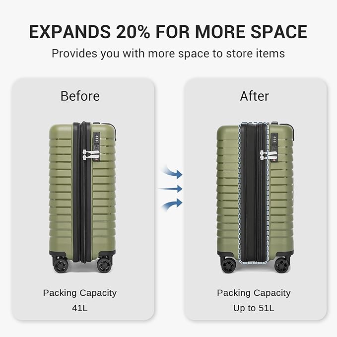Kono 20 Inch Expandable Carry On Luggage with Spinner Wheels, Durable Hardside Luggage with Hidden Cup Holder, Lightweight Hard Shell Carry On Suitcase Airline Approved with TSA Lock(Green)