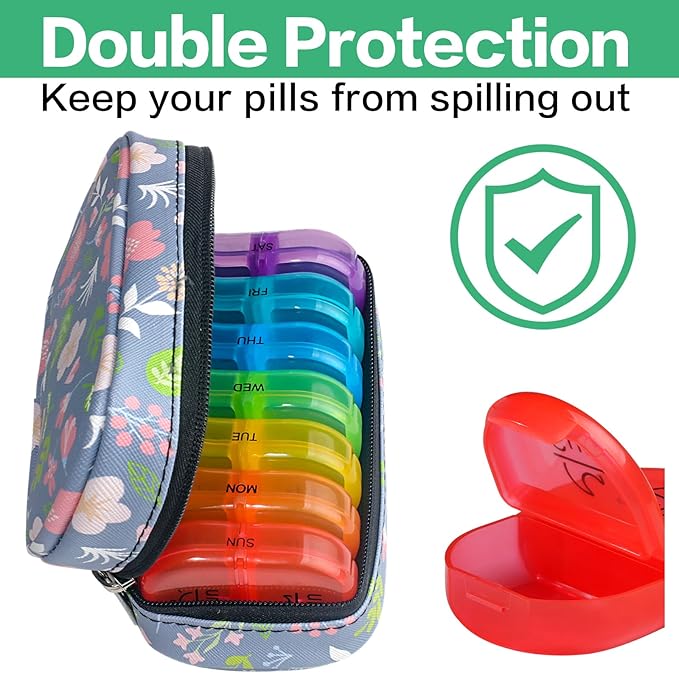 Serfeymi Weekly Travel Pill Organizer 2 Times A Day AM PM Upgraded Rainbow Pill Box 7 Day with Portable Zipper PU Leather Pill Case, Medicine Organizer for Pills, Vitamins, Fish Oils - Floral 02