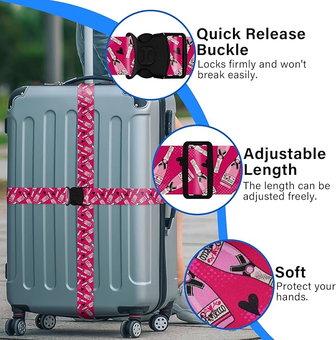 2 Pack Luggage Straps for Suitcases, Adjustable Travel Belt with Double Lock and Quick Release Buckle, Heavy Duty Nylon Bag Packing Strap, Bright Identifiers Business Travel Accessories-Pink Bottles