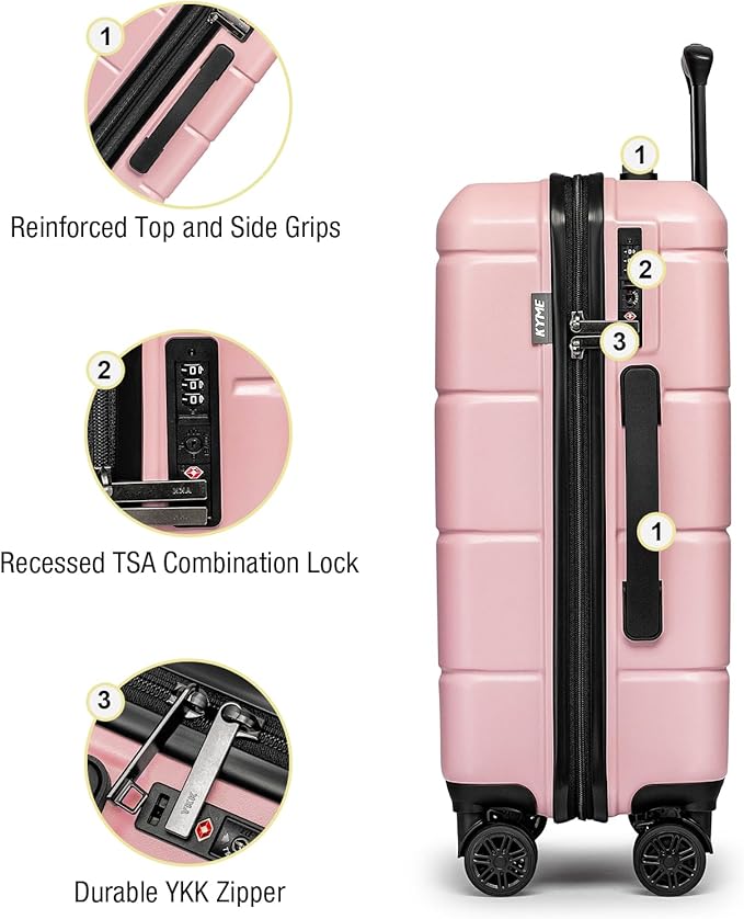 KYME Pink Luggage Sets 3 Piece (22in/26in/30in) Hardshell Suitcases with Spinner Wheels Hardside Suitcase Sets with TSA Lock Travel Rolling Luggage Set for Women Men