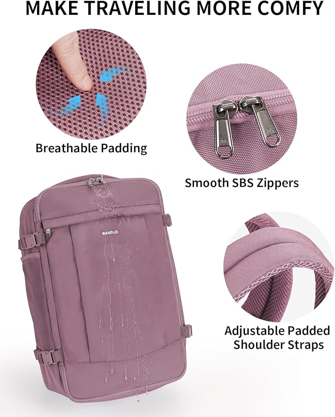 ECOHUB Travel Backpack for Women, Carry on Backpack with USB Charging Hole, Spirit Airlines Personal Item Bag Flight Approved, 15.6 Inch Laptop Backpack with Anti Theft Pockets, 30L, Pink