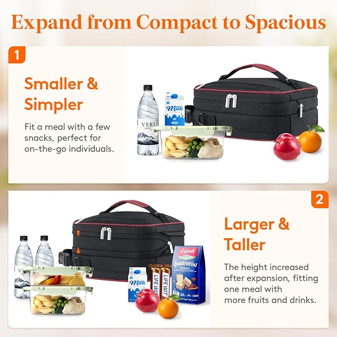 Lifewit Insulated Lunch Box for Men, Expandable Cooler Bag, Freezable Lunch Bag for Women with 2 Ice Packs and Shoulder Straps for Work Travel College, 8.2L Black and Red