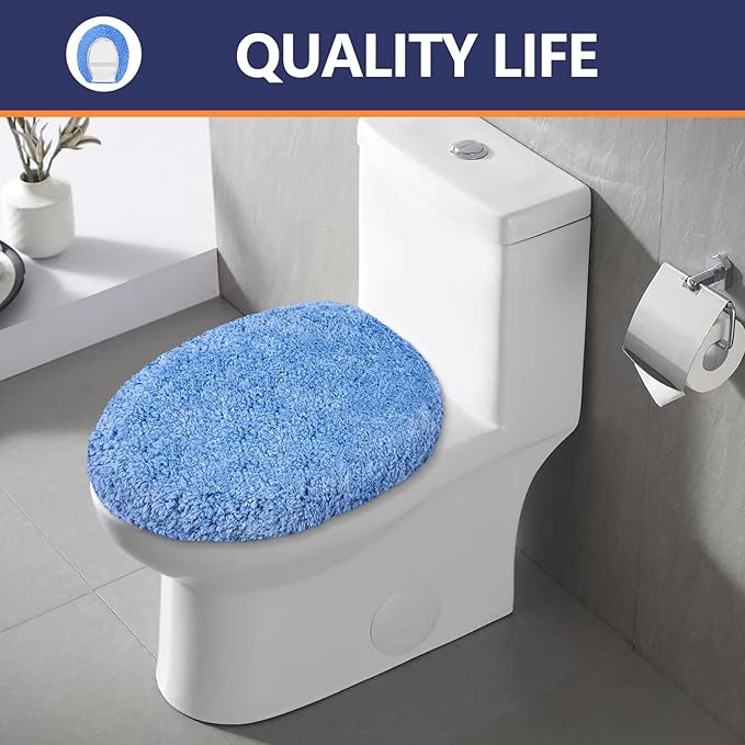 Microfiber Elongated Toilet Seat Cover 19.5"x 15" Machine Washable Solid Toilet Lid Cover Adjustable Rubber Backing Fits Most 18-19.5" L x 14-16" W Elongated Toilet Seat