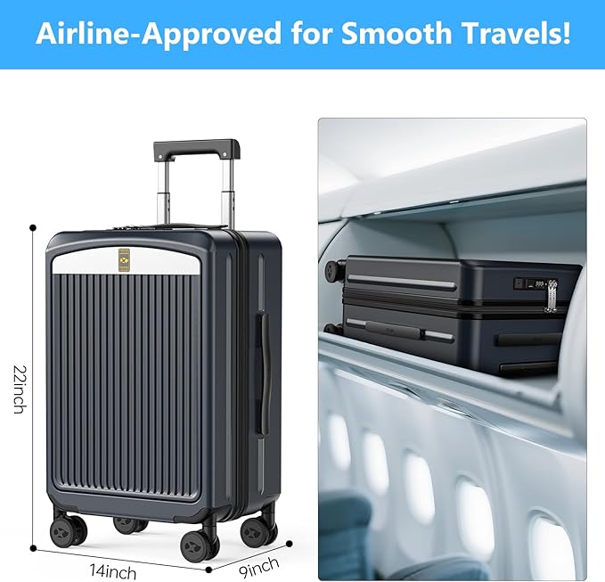 Carry on Luggage 22x14x9 Airline Approved, Durable PC Hardside Suitcase with TSA Lock for Business Trip & Travel, 20 Inch Carry-on Luggage with Front Pocket, USB Port & 360°Spinner Wheels, (Dark Grey)