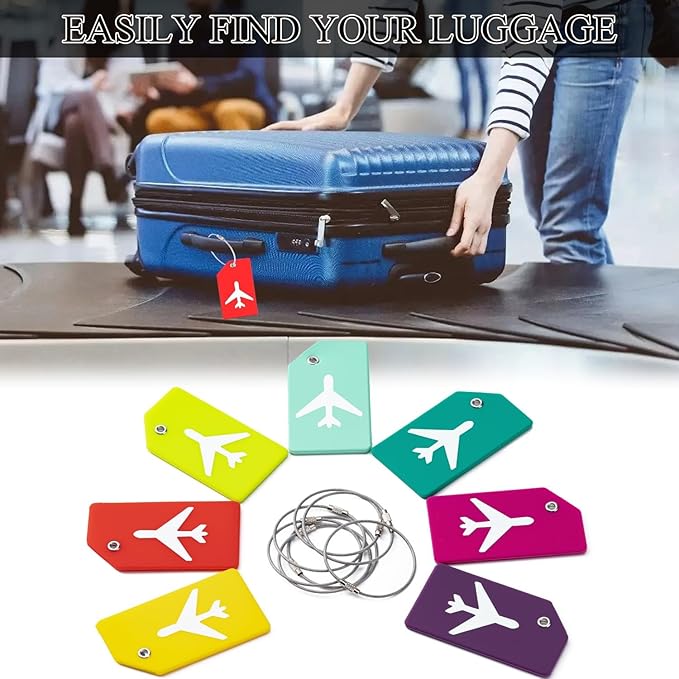 6 Pack Silicone Luggage Tag for Suitcases with Stainless Loop, Privacy Protection Travel Bag Tags Perfect to Quickly Spot Baggage Handbag (Blue)