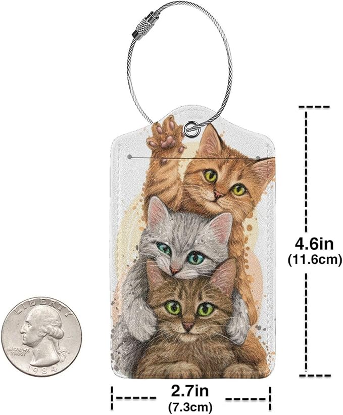 2 Pack Luggage Tags for suitcases Cute Funny cat Luggage Tag, Leather Stainless Steel Loop Label Tag for Men Women Travel Bag Suitcase（2 cat）