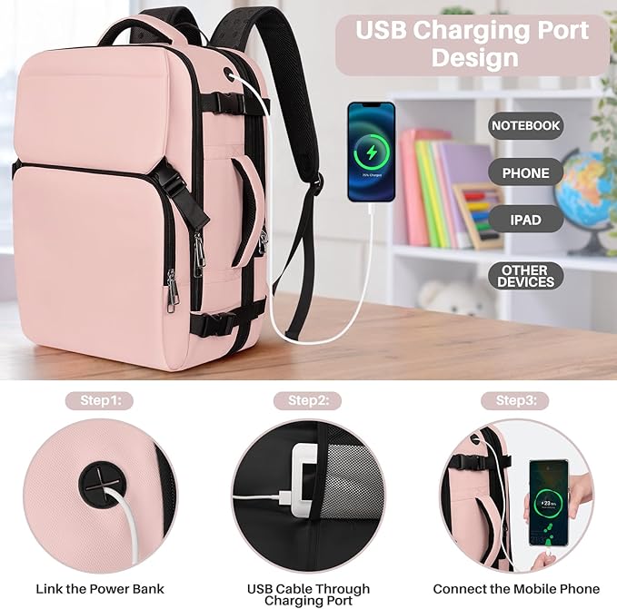 Travel Backpack Carry On Flight Approved, Lightweight Large Travel Backpack, Expandable with USB Charging Hole, Waterproof Causal Bookbag for Travel Work College Fits 17 inch Laptop, Pink