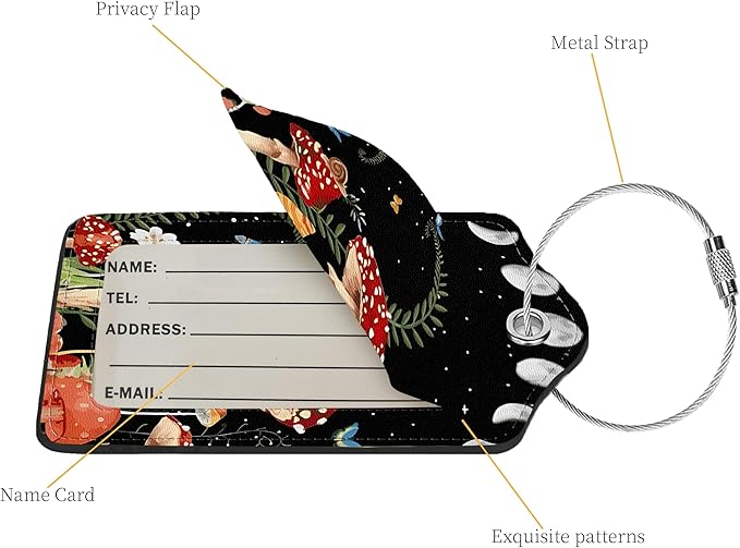 2 Pcs Luggage Tags for Suitcases,PU Leather Cruise Ship Luggage Tags with Privacy Cover Label Address Card and Durable Metal Ring Suitable for Men Women,Handbags Backpacks,Mushrooms Under The Stars