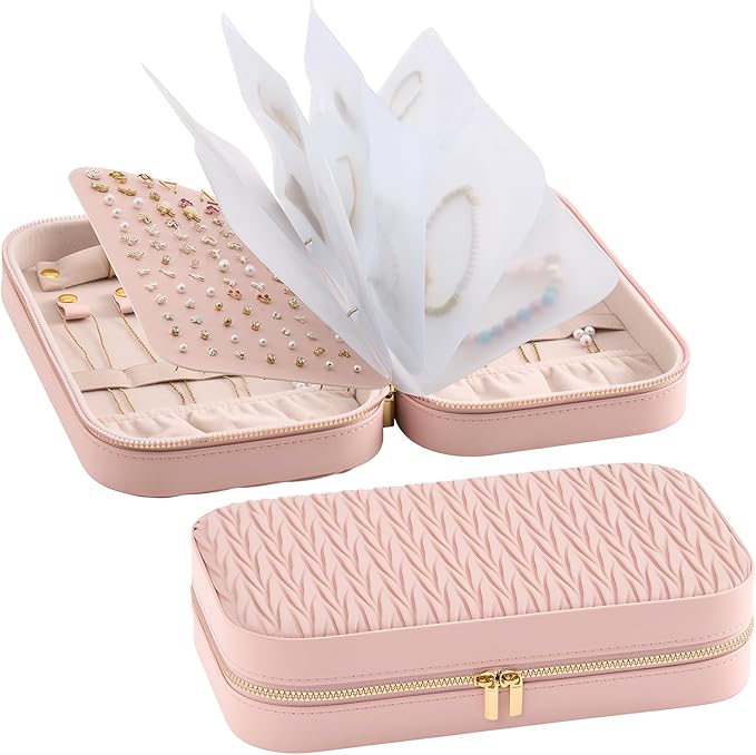Lolalet Travel Jewelry Organizer, Jewelry Storage Case with Pocket, Earrings Necklaces Bracelets Ring Zippered Storage Pouch for Women -Pink