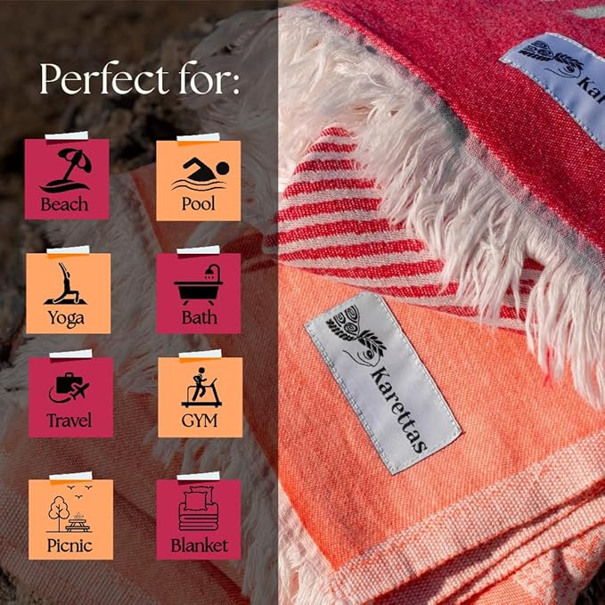 Turkish Beach Towel - 100% Organic Cotton - Soft, Quick-Dry, Sand Proof, Prewashed - Lightweight & Oversized for Beach, Pool, Yoga, Bath, Travel, Gym, Throw - Aegean (Turquoise)