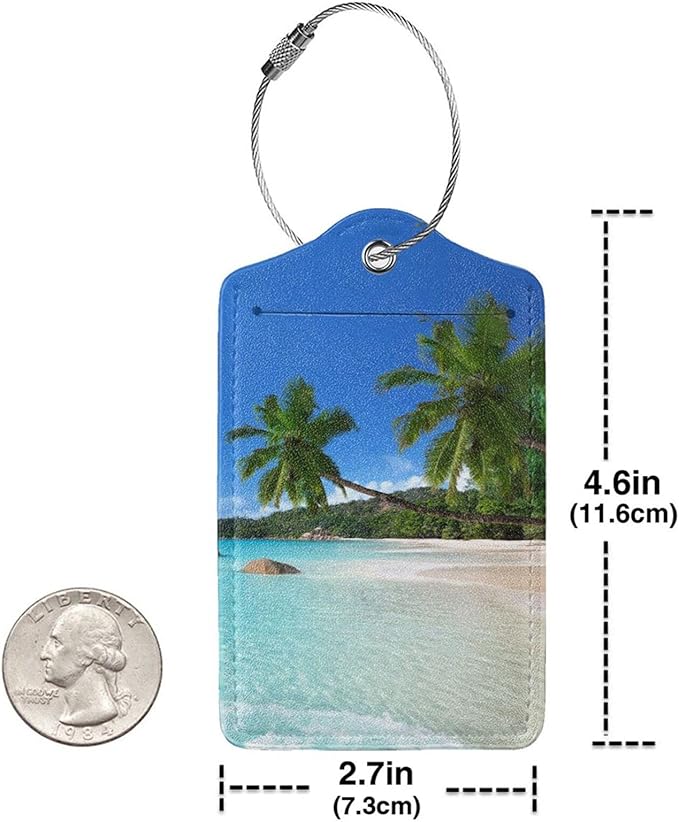 2Pcs Tropical Palm Trees Luggage Tags with Beach Landscape, Beautiful Identifier Labels with Blue Sky Background for Suitcase Baggage Bag, Travel Tags with Privacy Cover Id Card Stainless Steel Loop