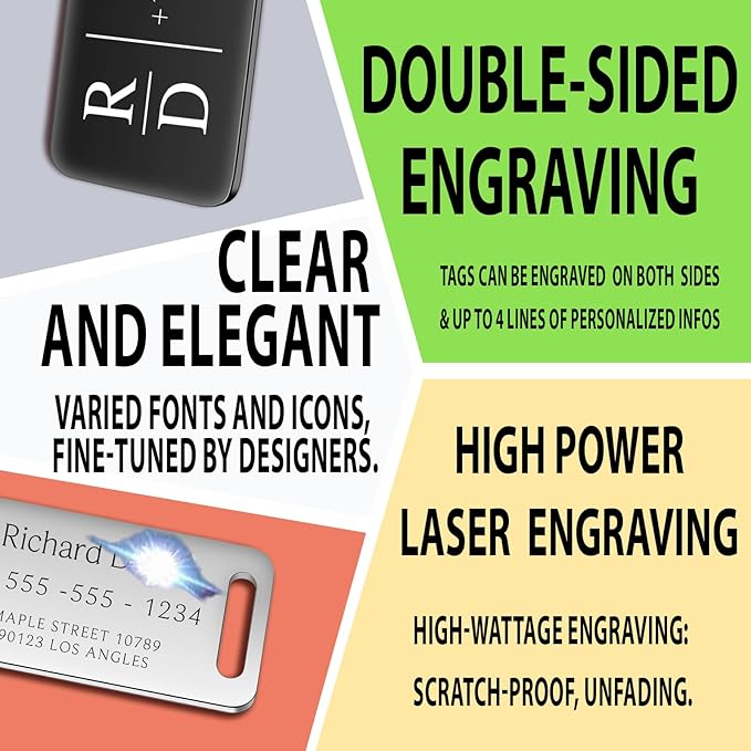 Personalized Luggage Tags for Suitcases 4 Pack - Stainless Steel Custom Luggage Tags for Backpacks & Bags, Sturdy, Waterproof & Heavy Duty (Silver / 3" x 1.25")