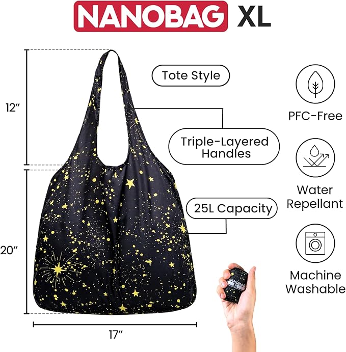 Nanobag Ultra-Lightweight Heavy Duty Foldable Tote for Women & Men, Reusable Grocery & Travel Bag, Packable Collapsible Compact Market Essential (XL Psychedelic)