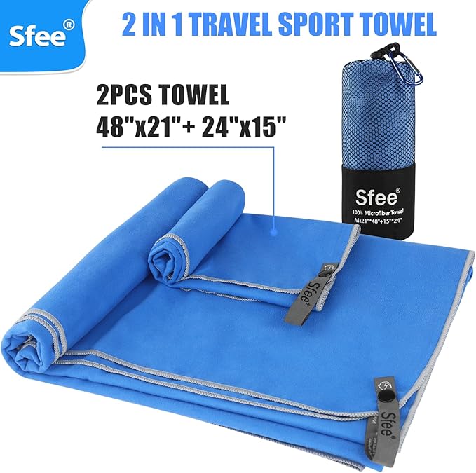 Sfee 2 Pack Microfiber Travel Towel, Quick Dry Camping Towel Super Absorbent Compact Lightweight Sports Towel Swim Gym Towels Set for Gym, Hiking, Pool, Backpacking, Bath, Yoga