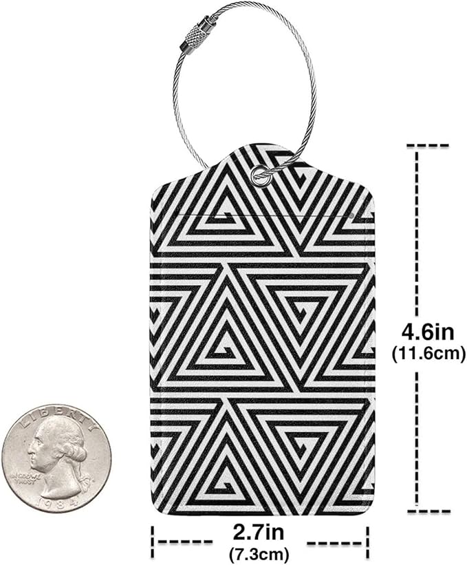 2 Pcs Black and White Abstract Patterns Luggage Tag for Suitcase, Seamless Geometric Triangles Birthday Gift, Steel Loop with Privacy Cover ID Label