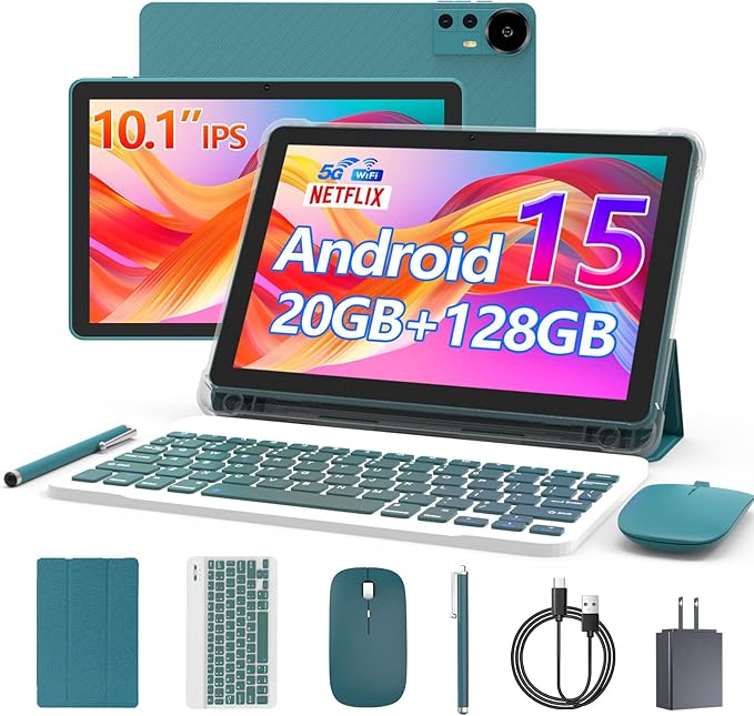 Android 15 Tablet 10 Inch, 20GB RAM+128GB ROM/ 2TB Expandable, 2.0GHz Quad-core Processor, 1280*800 IPS HD Screen, 5G WiFi 6 BT 5.0, 2 in 1 Tablets with Keyboard Case Mouse Stylus, Widevine L1