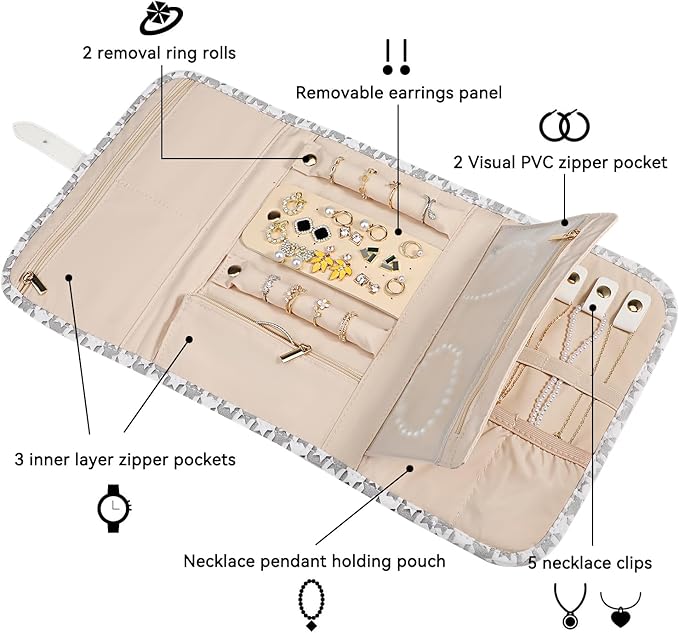 Voova Travel Jewelry Holder Organizer Case, Large Jewelry Storage Bag for Women Girls, Foldable Traveling Jewellery Pouch Roll for Necklaces Rings Earrings Bracelets, Grey+White