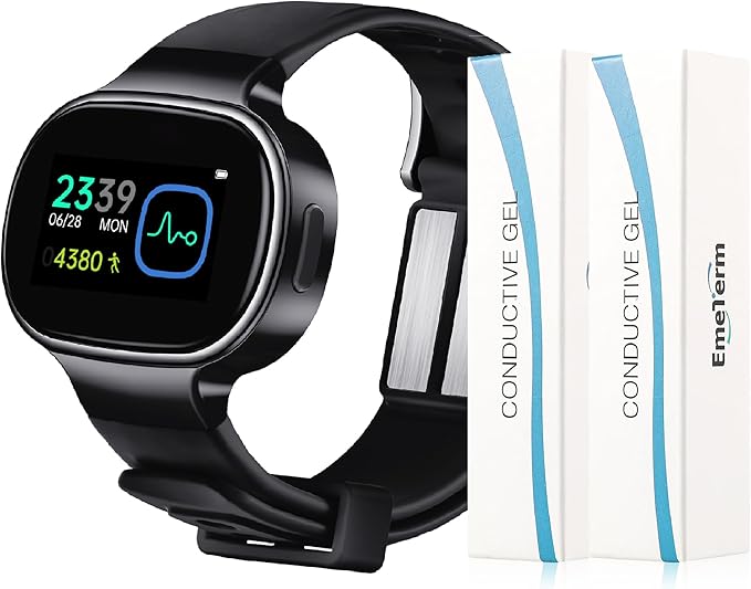 EmeTerm Smart FDA-Cleared Anti-Nausea Wristwatch Touchscreen IP67 Waterproof Morning Motion Sickness Relief Rechargeable Fast Acting Drug Free (Black - Extra 2pack Conductive Gel)
