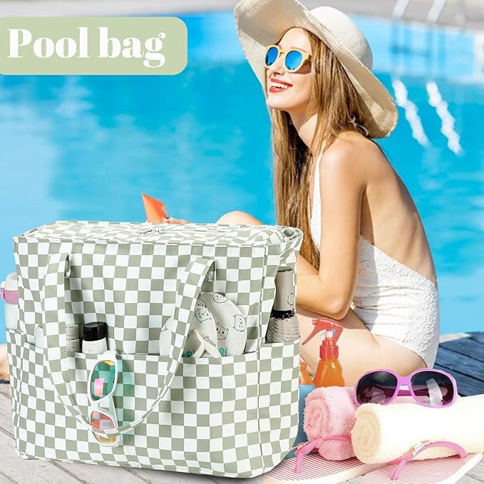 LEDAOU Large Beach Tote Bag Women Waterproof Sandproof Zipper Beach Tote Bag for Pool Gym Grocery Travel with Wet Pocket