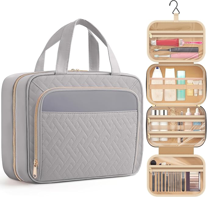 HOTOR Travel Toiletry Bag for Women & Men, Waterproof Makeup Bag with Hanging Hook and Multiple Pockets, Cosmetic Bags for Women, Travel Essentials, 11.2'' x 3.2'' x 8.9'', Grey