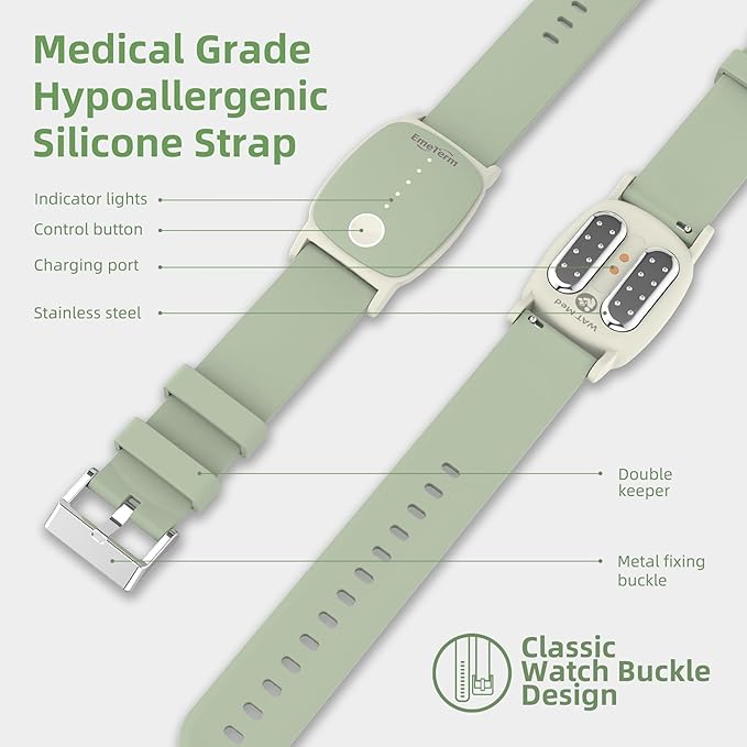 EmeTerm Explore FDA-Cleared Anti-Nausea Wristband IP67 Waterproof Morning Motion Sickness Relief Band Rechargeable Classic Strap Design Drug Free Non-drowsy Without Side Effects Mint Green