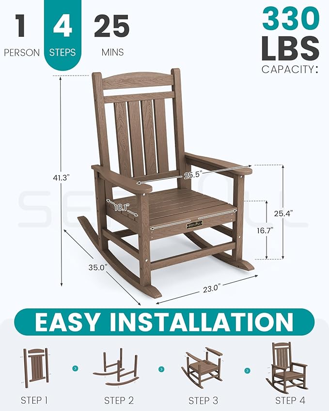 SERWALL Outdoor Rocking Chair Set of 2, HDPE Patio Rocking Chair All-Weather Porch Rocker for Balcony, Yard, Brown