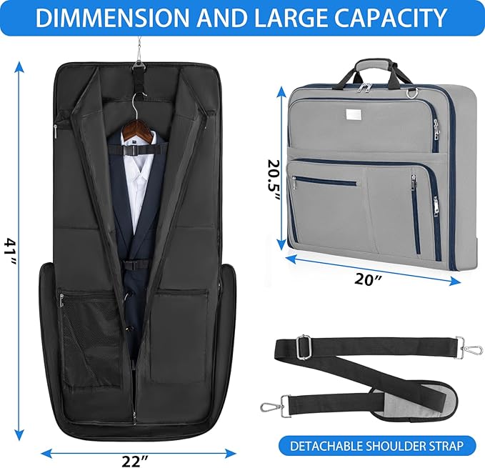 AKOZLIN Travel Luggage Garment Bag Foldable Hanging Suit Bag with Shoulder Strap For Men Women Business Grey