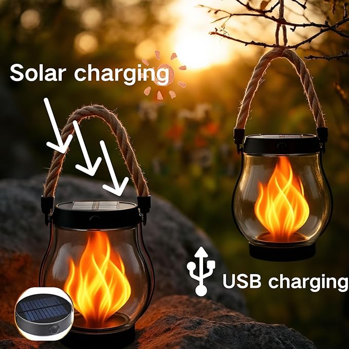 Solar Lantern Outdoor Lights, Flickering LED with Hemp Rope Handle, Dual Charging (Solar & USB), Water-Resistant Hanging Decor for Garden, Yard, Patio, Porch, Pathway, Camping (3)