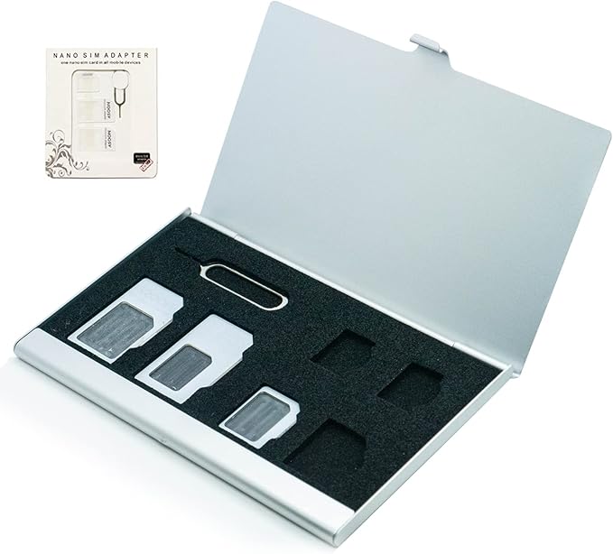 Aluminum SIM Card Case, 6Slots Ultrathin SIM Card Holder with SIM Card Adapter Kit for Travelers or Holiday Trip (6SIM+Silver)