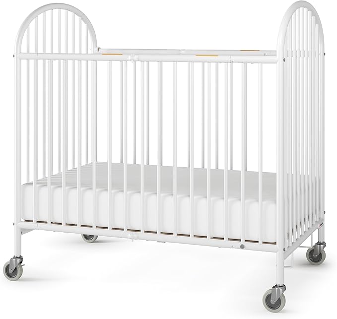 Foundations Pinnacle Folding Metal Baby Crib - Portable Hotel Crib, Easy Compact Storage, 4" Mattress, Built for Small Spaces, Heavy-Duty Construction, White