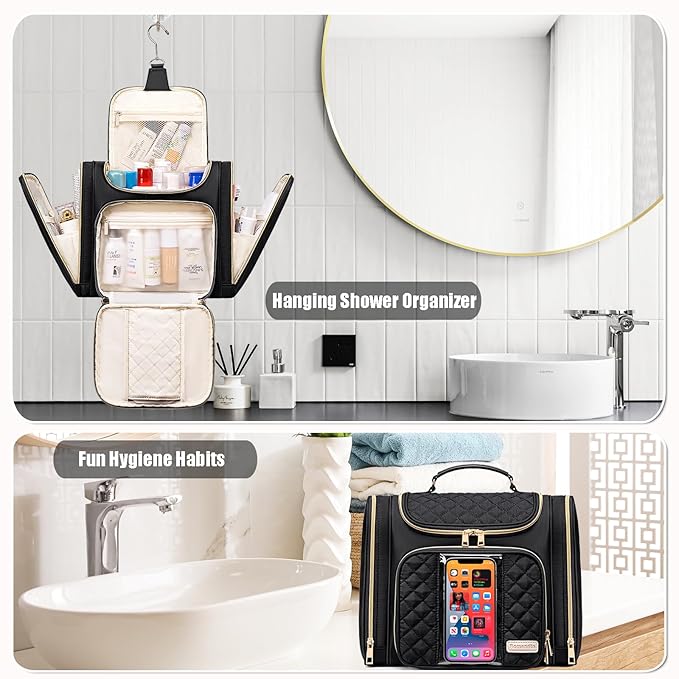 Travel Toiletry Bag for Women, Hanging Toiletry Bag, Bathroom Bag Portable Shower Caddy for College Dorm Travel Shower Bag for Women Water-Resistant Cosmetic Makeup Bag (Black)