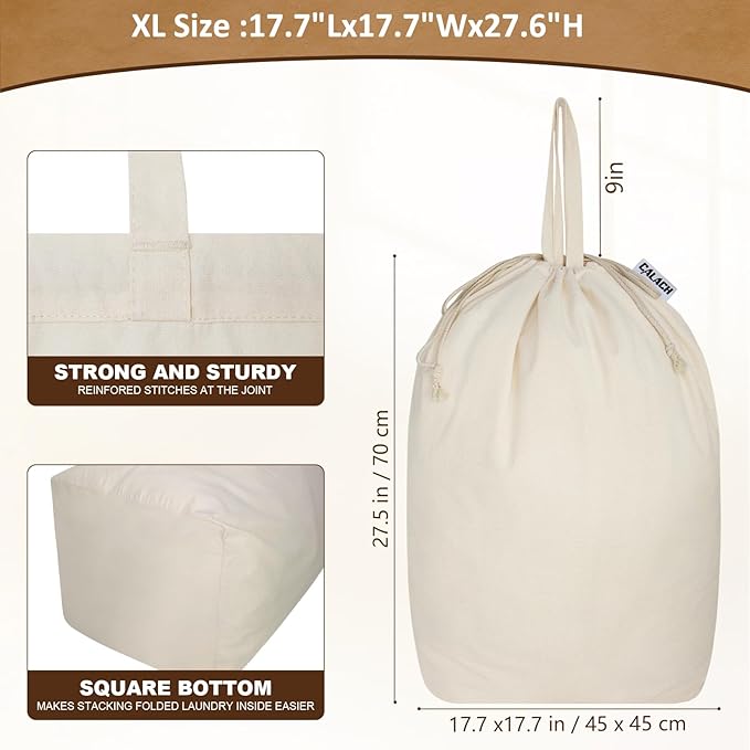 Canvas Laundry Bags 18x18in with Handles & Square Base, Extra Large Heavy Duty Laundry Basket Hamper Liner, Washable Drawstring Dirty Clothes Bag Canvas Storage Sack (Natural XL,1 Pack)