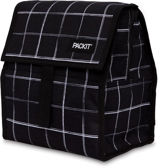 Packit® Freezable Lunch Bag, Black Grid, Built with ECOFREEZE® Technology, Foldable, Reusable, Zip and Velcro Closure with Buckle Handle, Designed for Work Lunch and Fresh Lunch On the Go