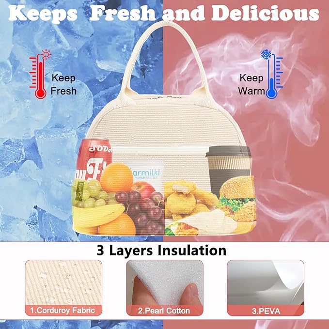 FlowFly Lunch Bag for Women Insulated Lunch Box Corduroy Lunch Tote Cooler for Travel Work Picnic,Corduroy Beige